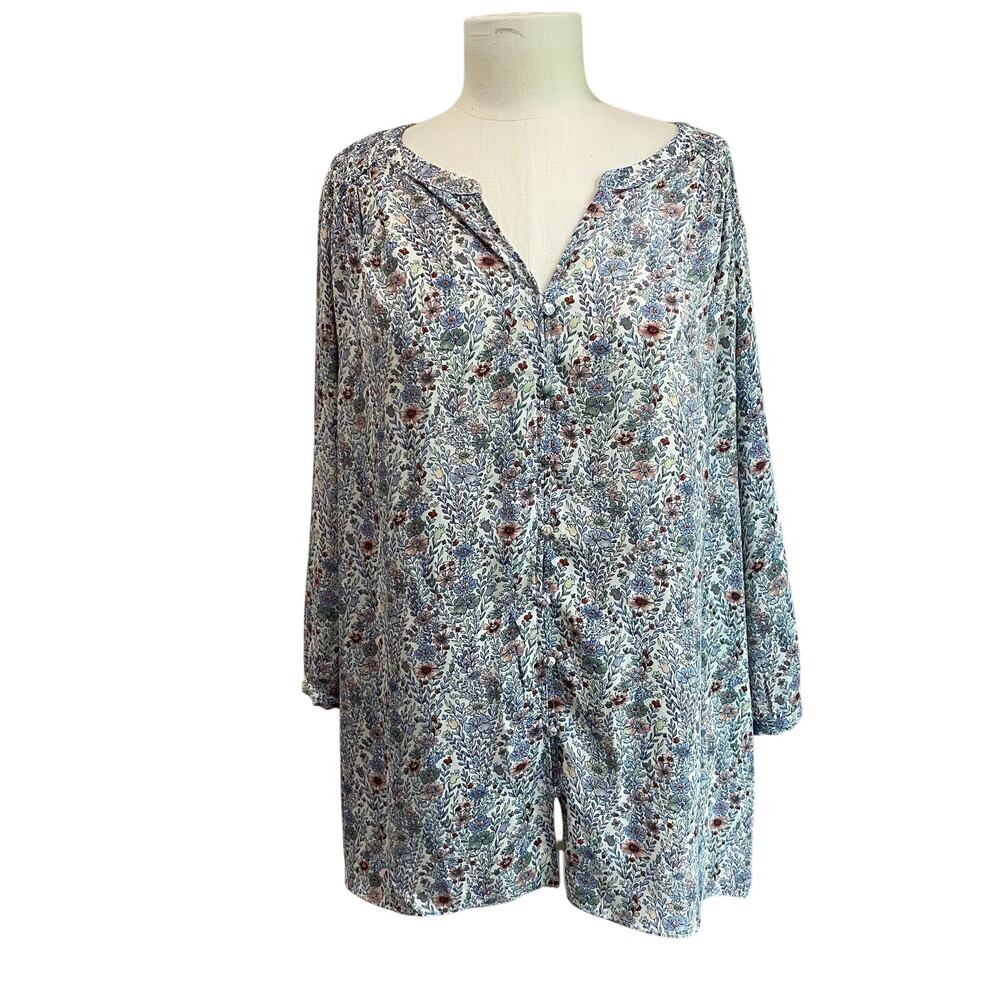 Rose & Olive Floral Button Up Blouse 1X Boho Flowy Lightweight Plus Size